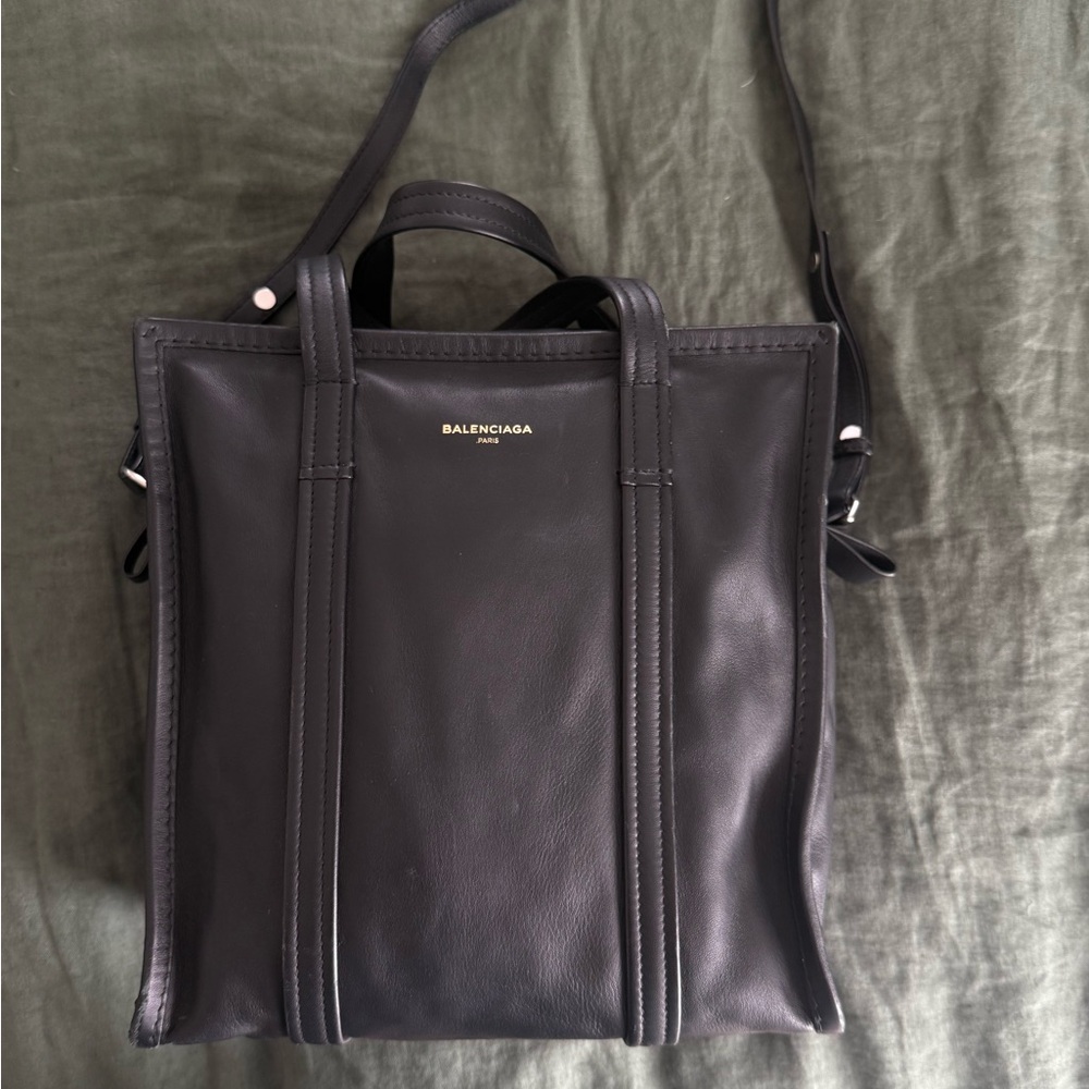 Balenciaga Black Leather Vertical Tote Messenger Bag